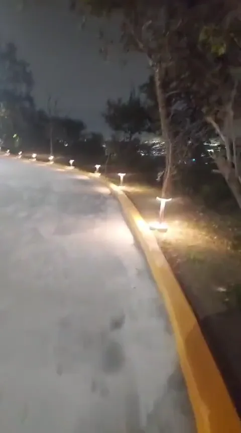 Andador de parque iluminado con balizas bajas a lo largo del camino, con la ciudad de fondo