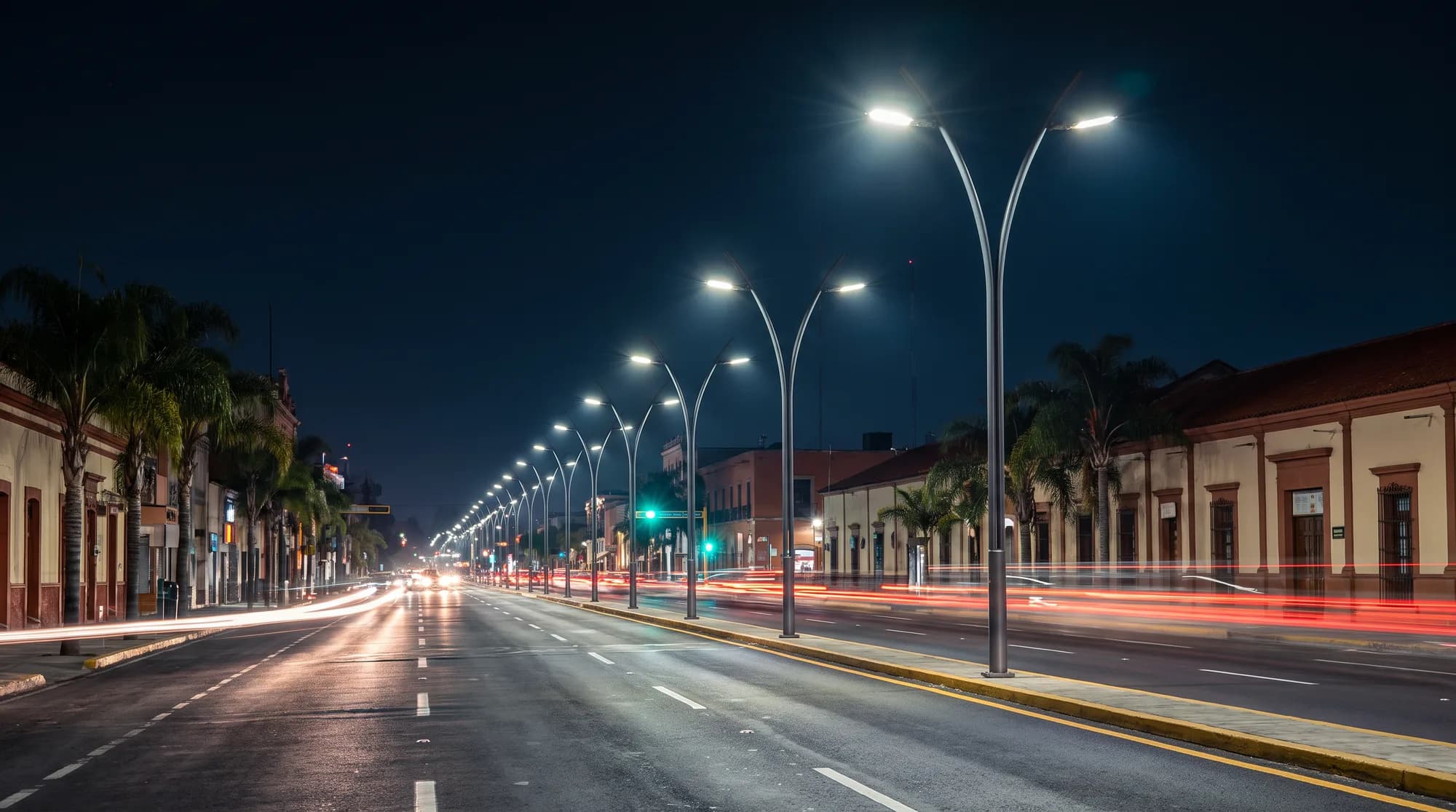 Avenida iluminada de noche con luminarias LED de alumbrado público
